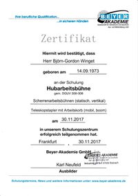 Zertifikat Winget Hubarbeitsbühne gem. DGUV 308-008