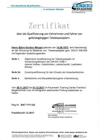 Zertifikat Winget über die Qualifizierung von geländegängigen Teleskopstaplern